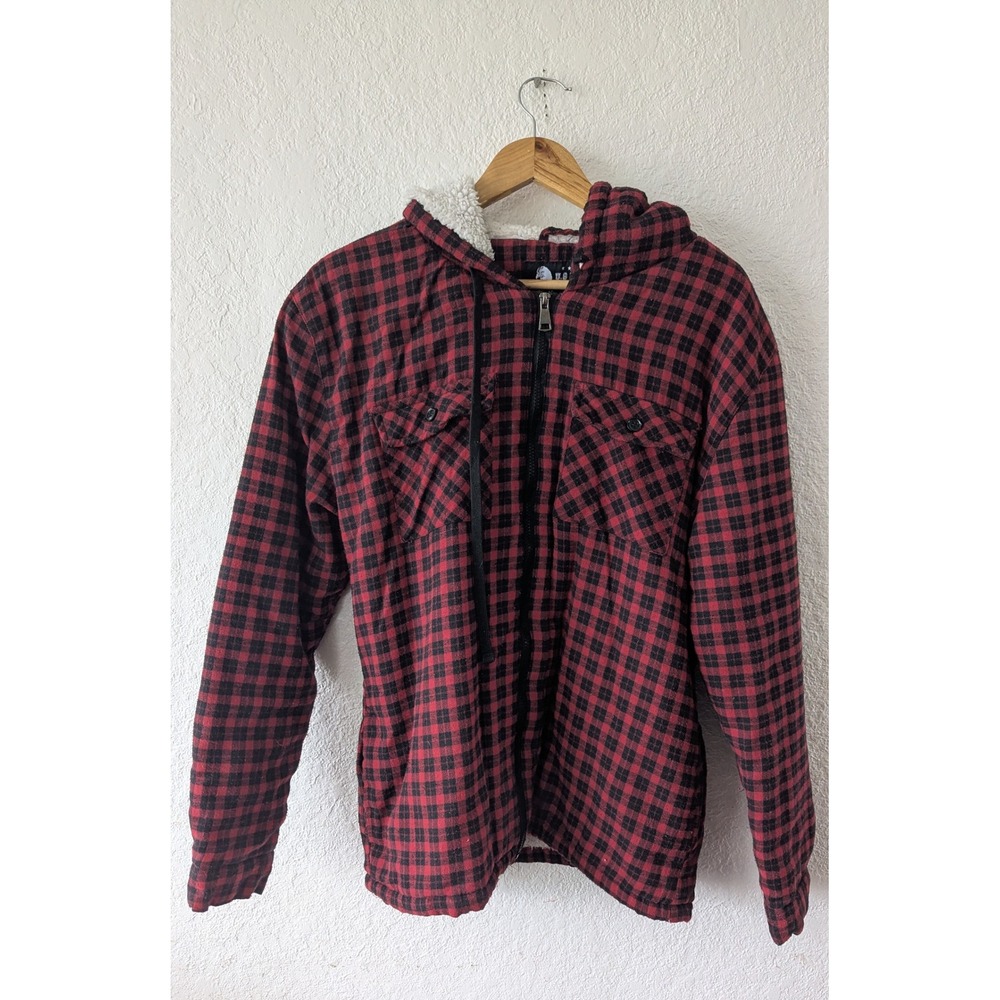 US Forces Mens Red Buffalo Plaid Sherpa Lined Hooded Flannel‎ Jacket Large UF174
